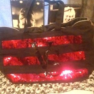 VICTORIA'S SECRET BLACK AND PINK STRIPED SEQUIN XL TOTE BAG